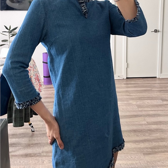 Mini jean dress with fur trim - Picture 3 of 7